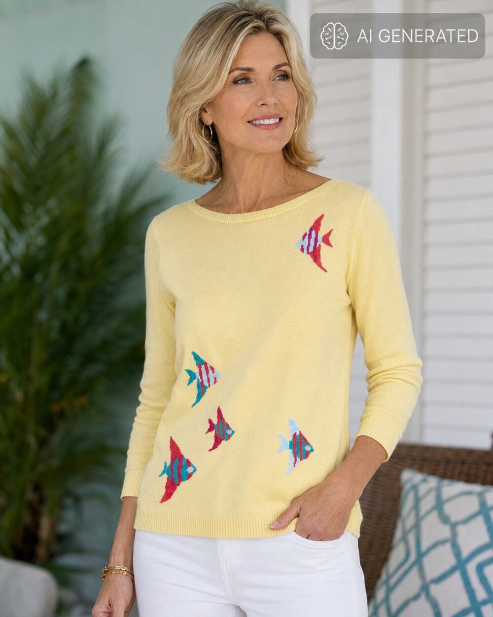 Talbots Yellow‎ Fish Intarsia Sweater Women’s Boat Neck Lightweight Med1791